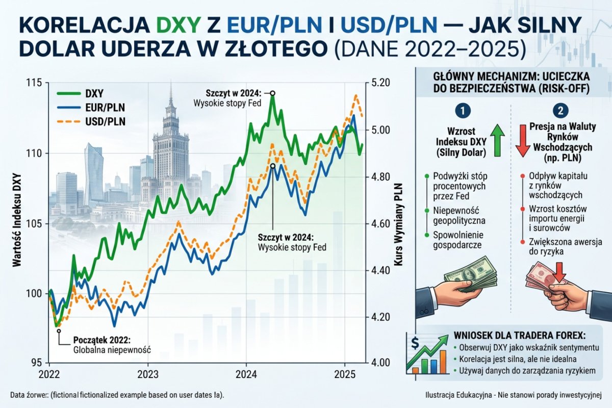 Korelacja DXY z EUR/PLN i USD/PLN — jak silny dolar uderza w złotego (dane 2022–2025)