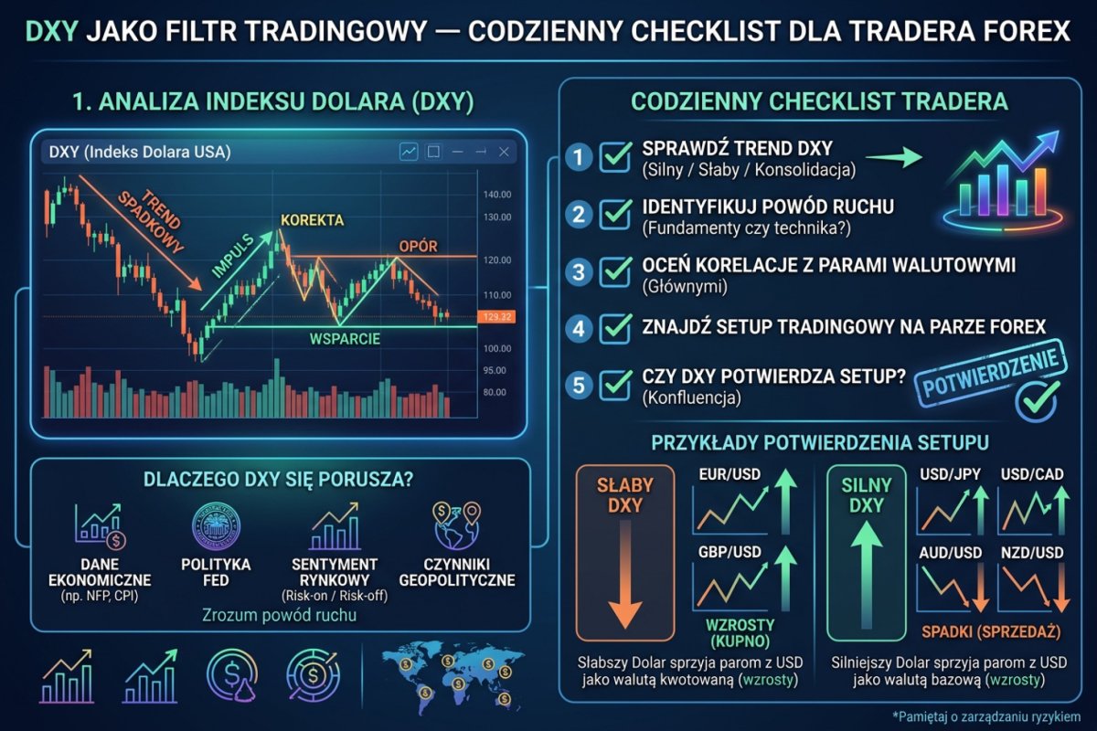 DXY jako filtr tradingowy — codzienny checklist dla tradera Forex: trend, powód ruchu, potwierdzenie setupu