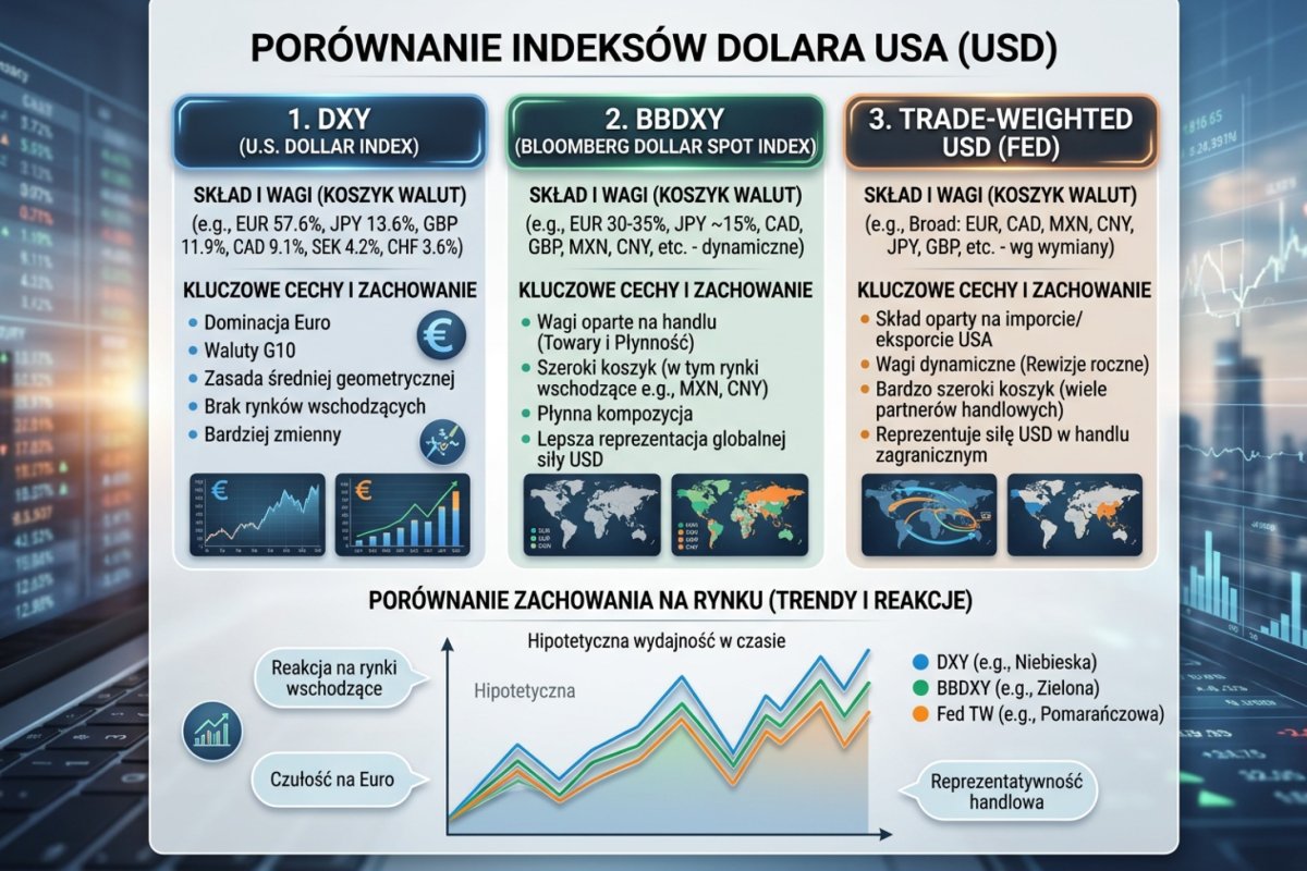 Porównanie indeksów dolara: DXY, BBDXY (Bloomberg) i Trade-Weighted USD (Fed) — różnice w składzie i zachowaniu