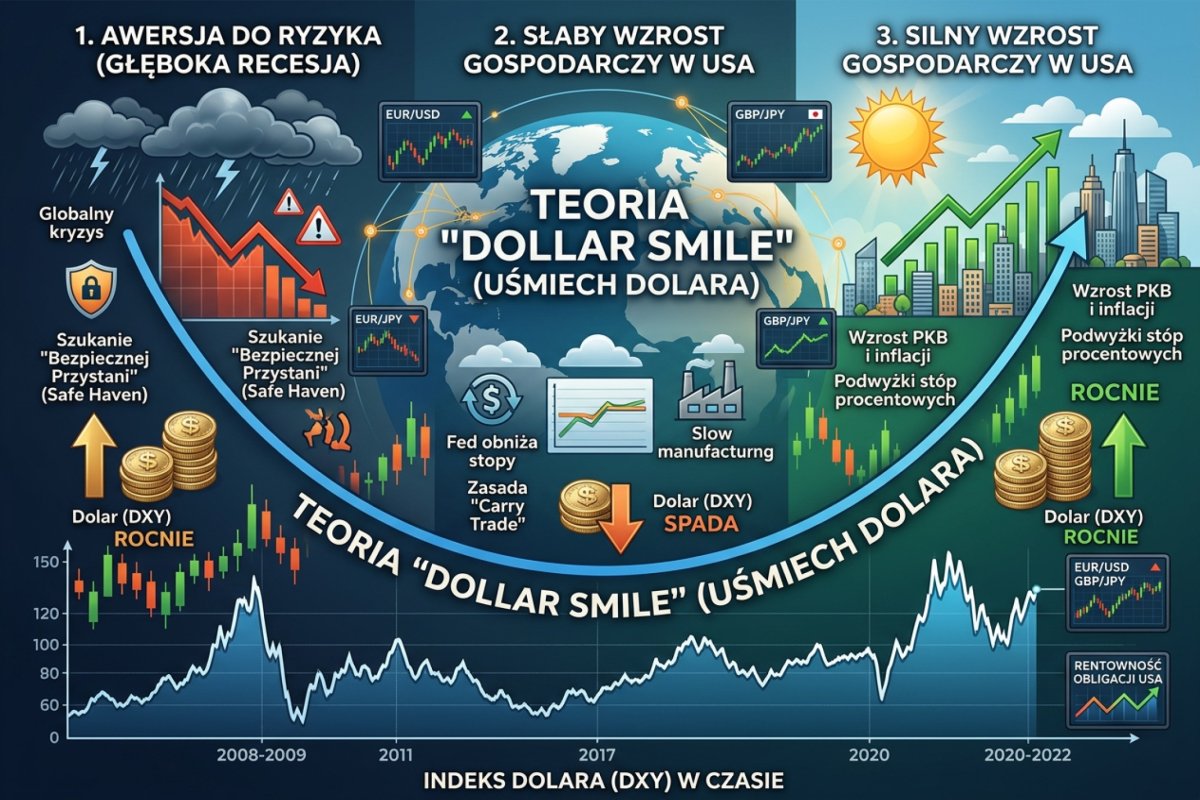 Indeks dolara (DXY) i teoria Dollar Smile — jak dolar zachowuje się w różnych reżimach rynkowych na Forex