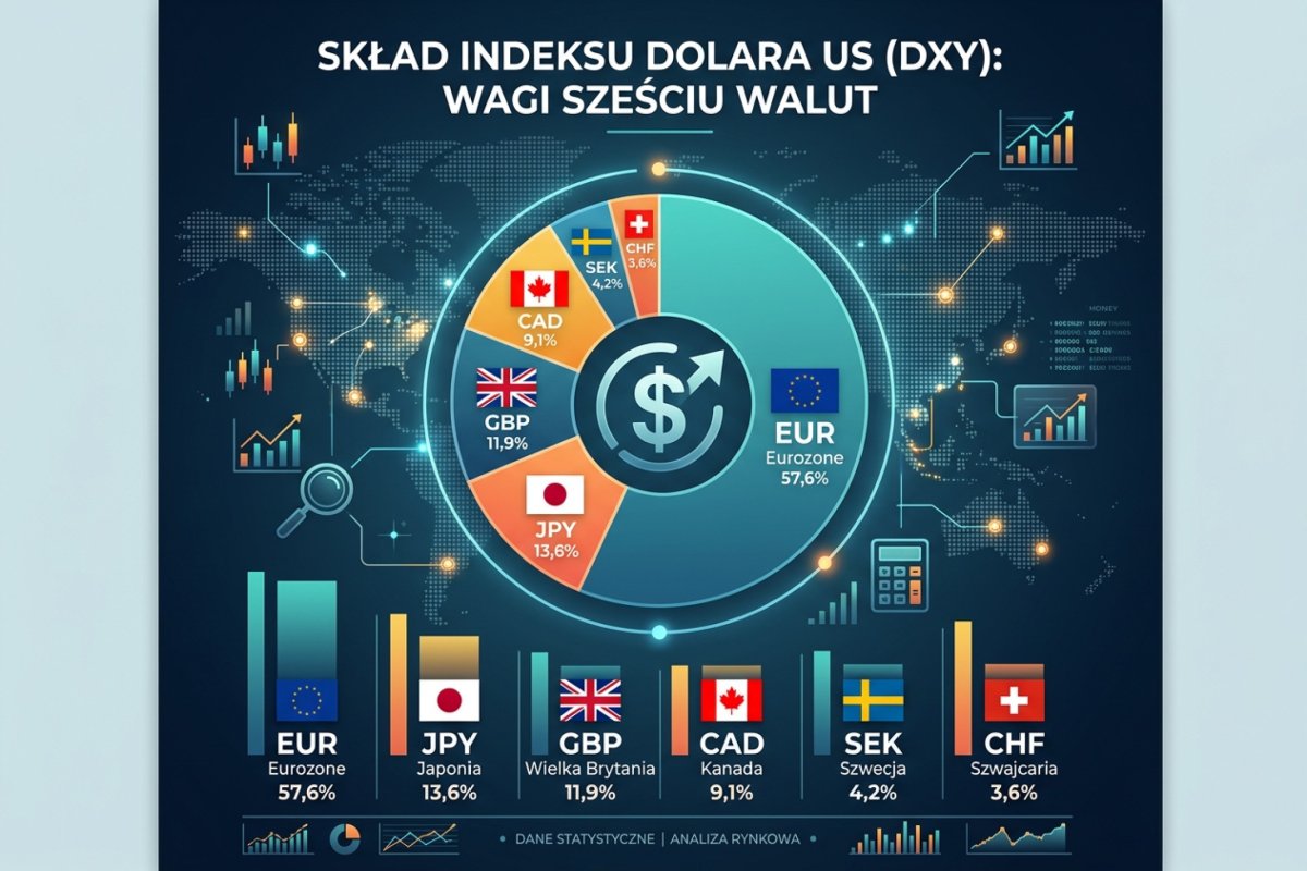 Skład indeksu dolara DXY — wagi sześciu walut w koszyku: euro 57,6%, jen 13,6%, funt 11,9%, CAD 9,1%, SEK 4,2%, CHF 3,6%