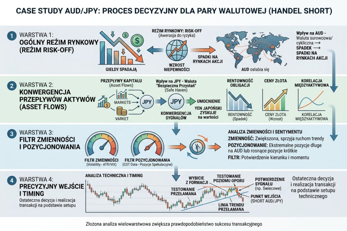 Case study AUD/JPY: proces decyzyjny przez 4 warstwy — reżim risk-off, konwergencja asset flows, filtr vol i pozycjonowania, timing