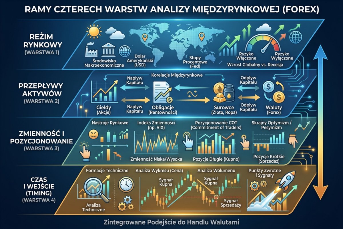 Framework 4 warstw analizy międzyrynkowej: reżim → asset flows → zmienność i pozycjonowanie → timing