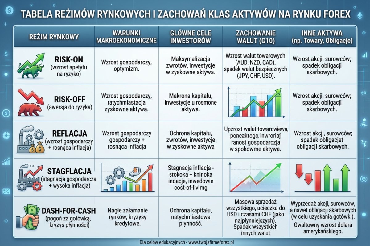Tabela reżimów rynkowych i zachowań klas aktywów: risk-on, risk-off, reflacja, stagflacja, dash-for-cash