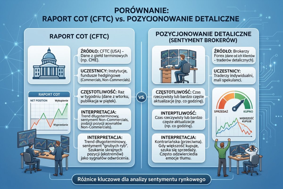 Porównanie raportu COT (CFTC) i pozycjonowania detalicznego — różnice w źródłach, aktualizacji i interpretacji sygnałów