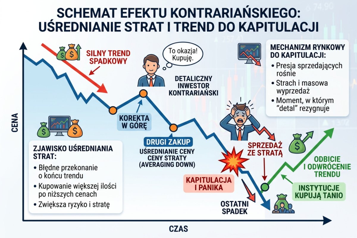 Efekt kontrariański — schemat: detal średniuje stratę (averaging down), a trend kontynuuje w kierunku kapitulacji