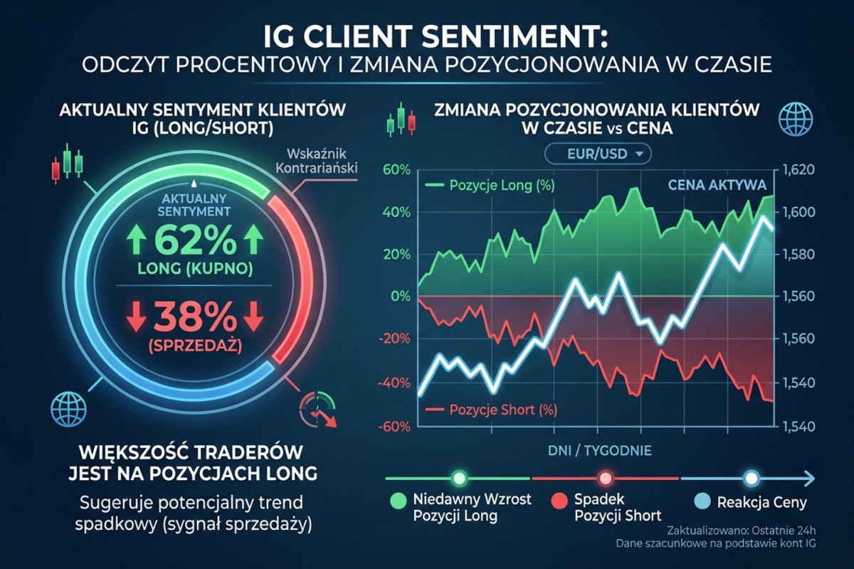 IG Client Sentiment — odczyt procentowy long/short z wykresem zmiany pozycjonowania w czasie