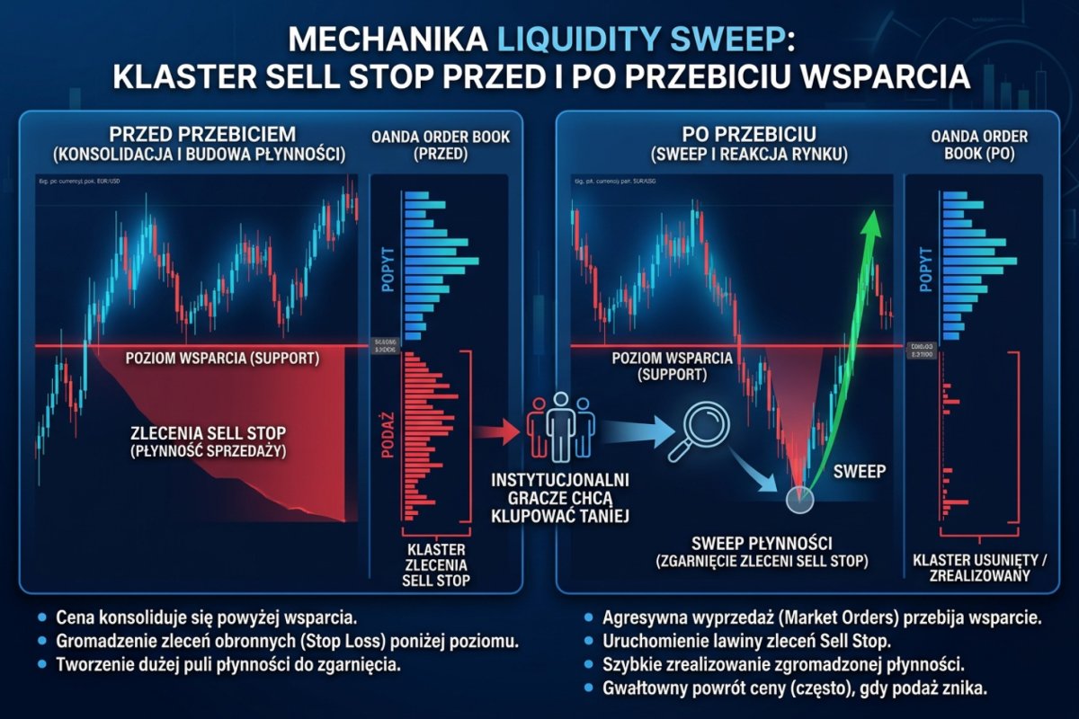 Mechanika liquidity sweep — klaster sell stop w OANDA Order Book przed i po przebiciu poziomu wsparcia