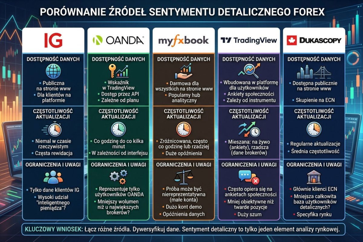 Porównanie źródeł sentymentu detalicznego — IG, OANDA, myfxbook, TradingView, Dukascopy: dostępność, aktualizacja i ograniczenia
