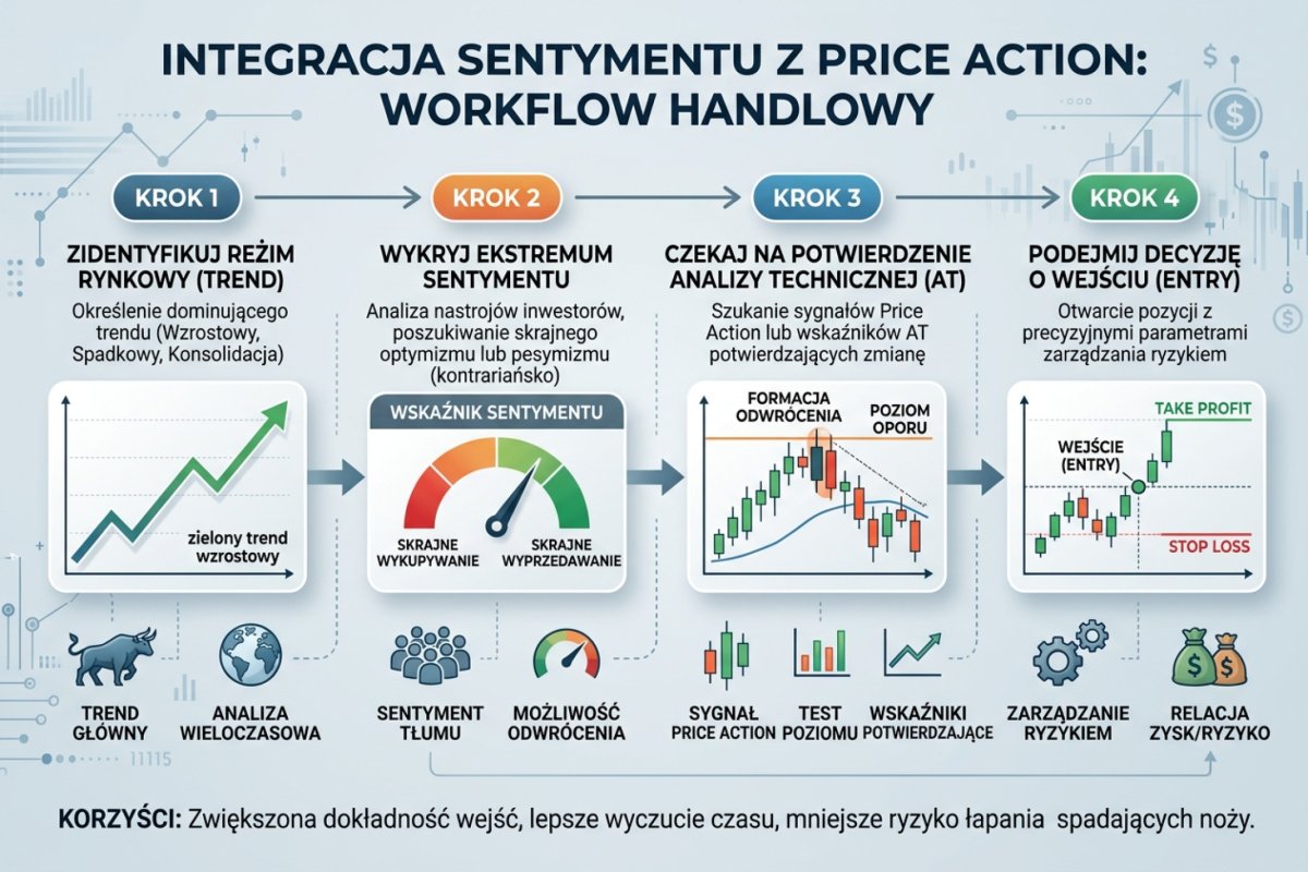 Integracja sentymentu z price action — workflow: reżim rynkowy → ekstremum sentymentu → potwierdzenie AT → entry
