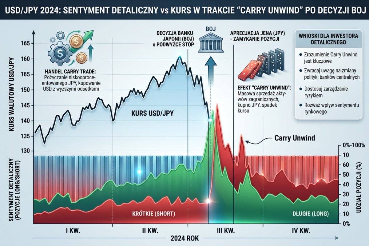 USD/JPY 2024 — sentyment detaliczny vs kurs w trakcie carry unwind po decyzji BOJ