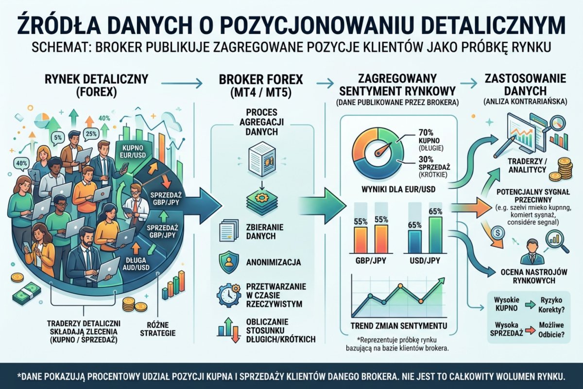 Źródła danych o pozycjonowaniu detalicznym — schemat: broker publikuje zagregowane pozycje klientów jako próbkę rynku