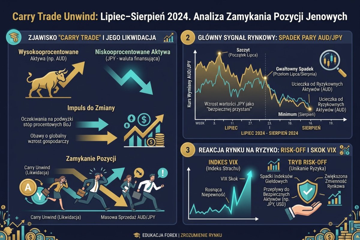 Carry unwind lipiec–sierpień 2024 — spadek AUD/JPY, skok VIX i risk-off napędzany zamykaniem pozycji jenowych