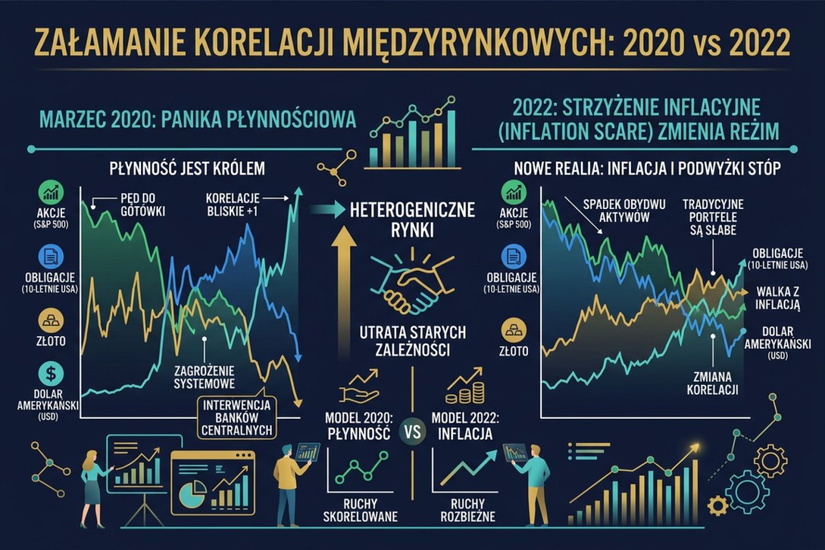 Załamanie korelacji międzyrynkowych — marzec 2020 (panika płynnościowa) i 2022 (inflation scare zmienia reżim)