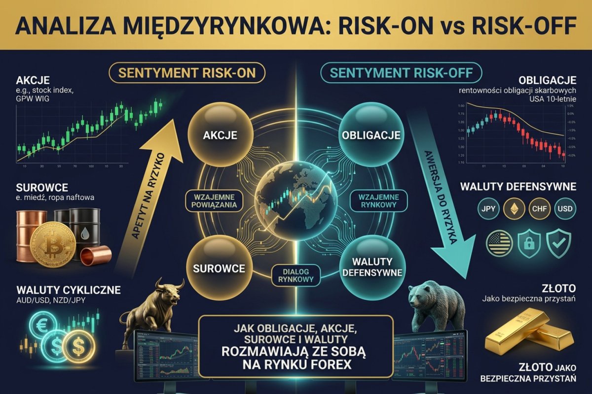 Analiza międzyrynkowa: risk-on vs risk-off — jak obligacje, akcje, surowce i waluty rozmawiają ze sobą na rynku Forex