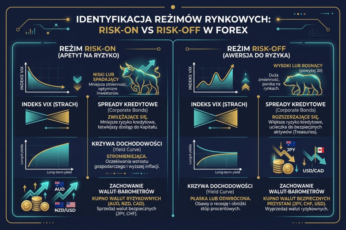 Sygnały identyfikacji reżimu risk-on i risk-off — VIX, spready kredytowe, krzywa dochodowości i zachowanie walut-barometrów