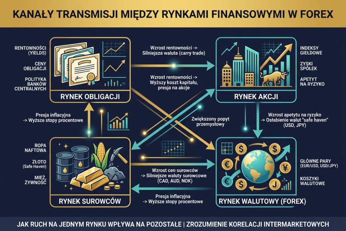 Kanały transmisji między obligacjami, akcjami, surowcami i walutami — jak ruch na jednym rynku wpływa na pozostałe