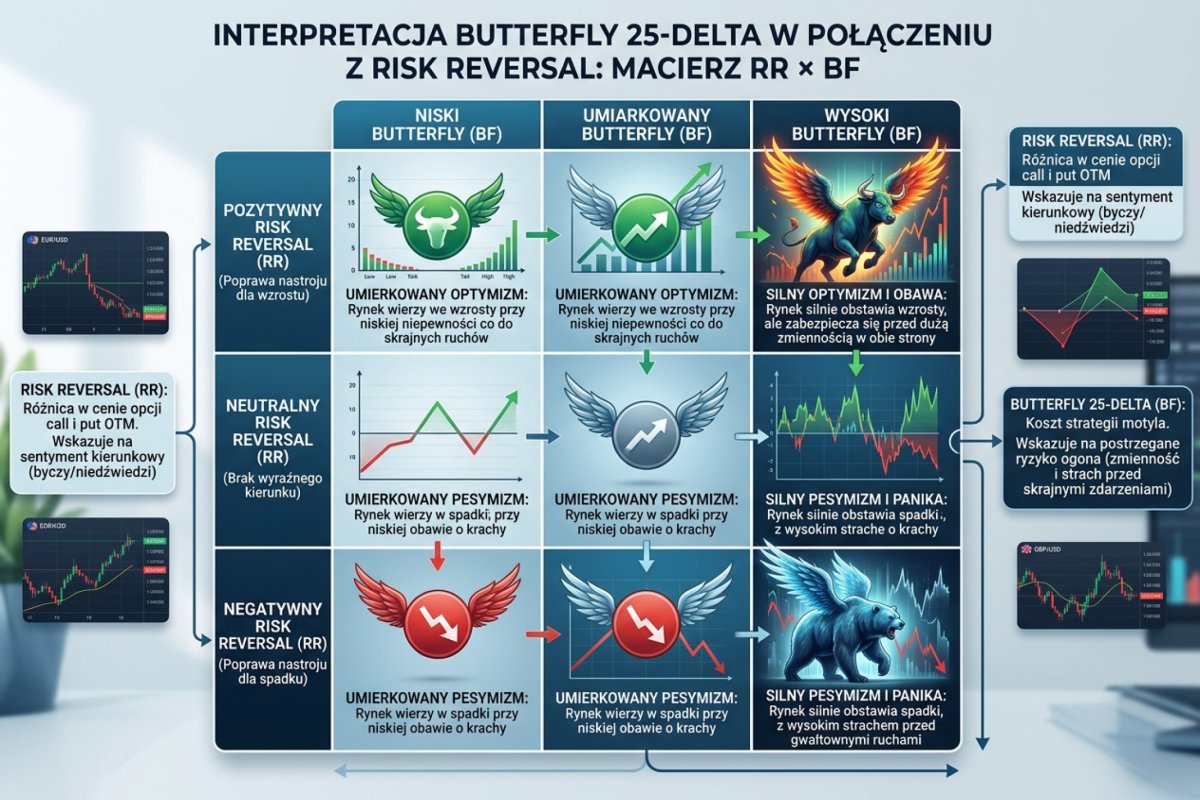 Butterfly 25-delta — interpretacja w połączeniu z risk reversal: macierz RR × BF i co oznacza każda kombinacja