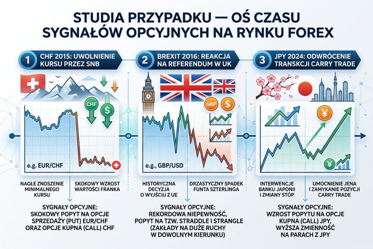 Case studies — oś czasu sygnałów opcyjnych: CHF 2015, Brexit 2016, JPY carry unwind 2024, MXN 2016, TRY 2021