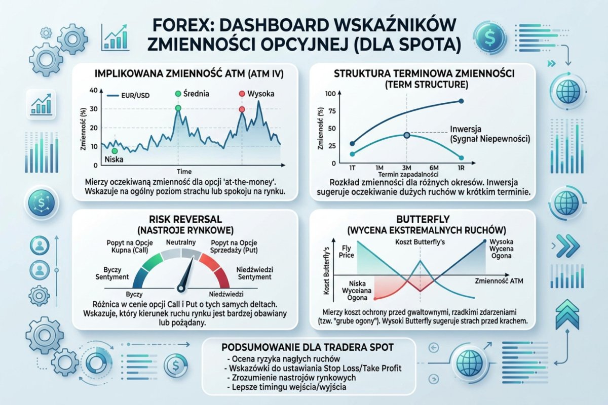 Dashboard ze wskaźnikami zmienności opcyjnej — ATM IV, risk reversal, butterfly, term structure dla spot tradera FX
