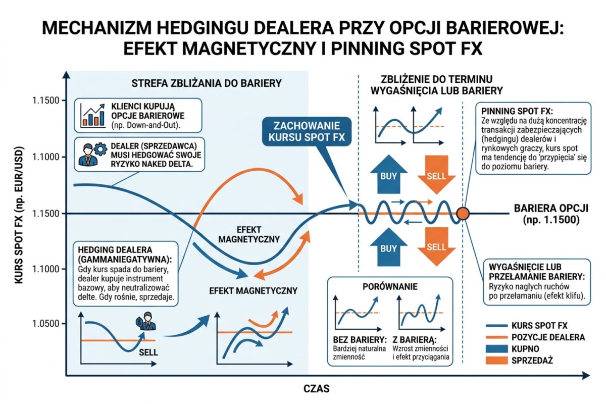 Mechanizm dealer hedging przy opcji barierowej — efekt magnetyczny i pinning spot FX (schemat poglądowy, nie mapa pozycji rynku)
