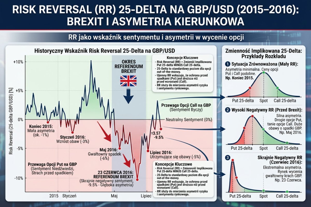 Risk reversal 25-delta na GBP/USD 2015–2016 z zaznaczonym Brexitem — RR jako wskaźnik kierunkowej asymetrii