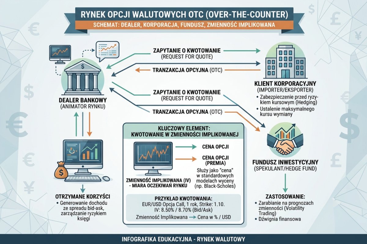 Rynek opcji walutowych OTC — schemat: dealer, korporacja, fundusz, kwotowanie w zmienności implikowanej