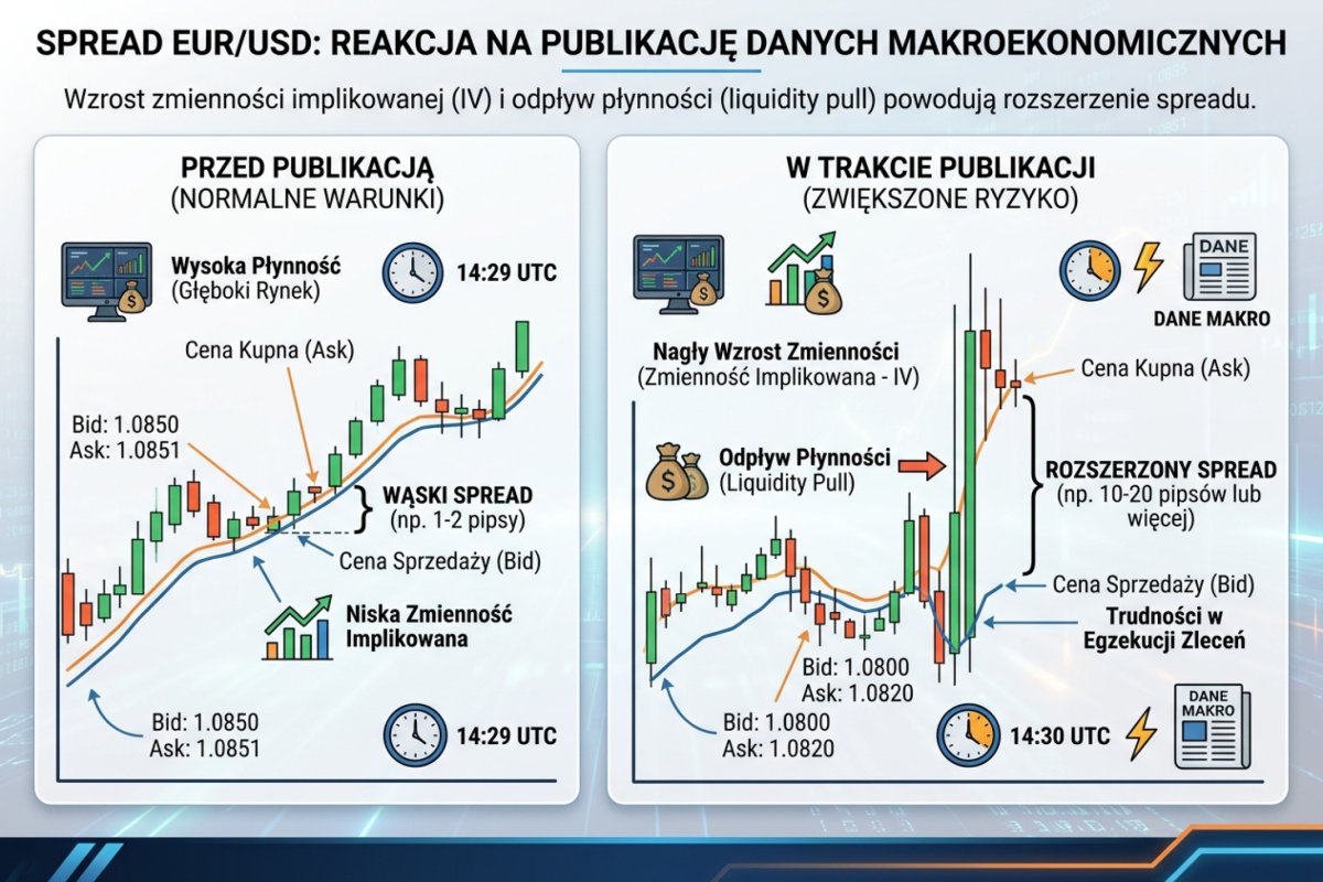 Spread EUR/USD przed i w trakcie publikacji danych makro — rozszerzenie wywołane wzrostem IV i liquidity pull