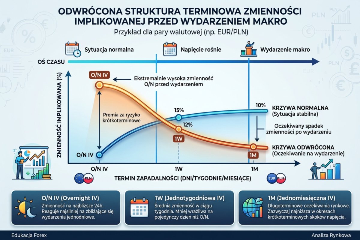 Odwrócona term structure zmienności implikowanej przed wydarzeniem makro — O/N IV vs 1W vs 1M na osi czasu
