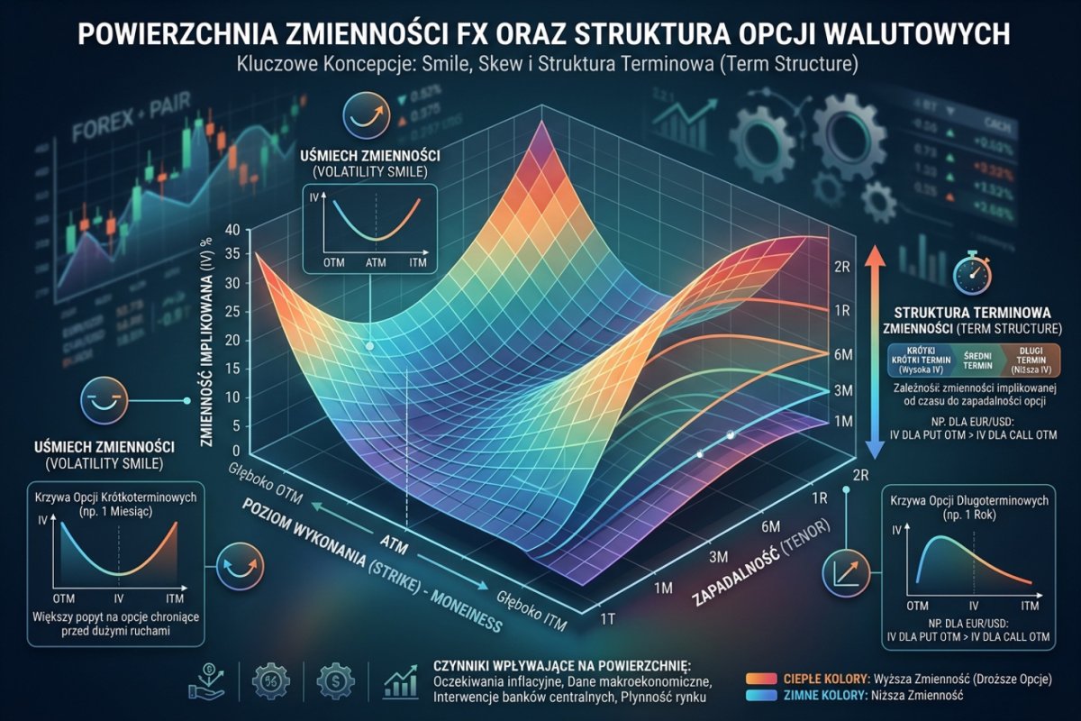 Powierzchnia zmienności FX — smile, skew i term structure opcji walutowych