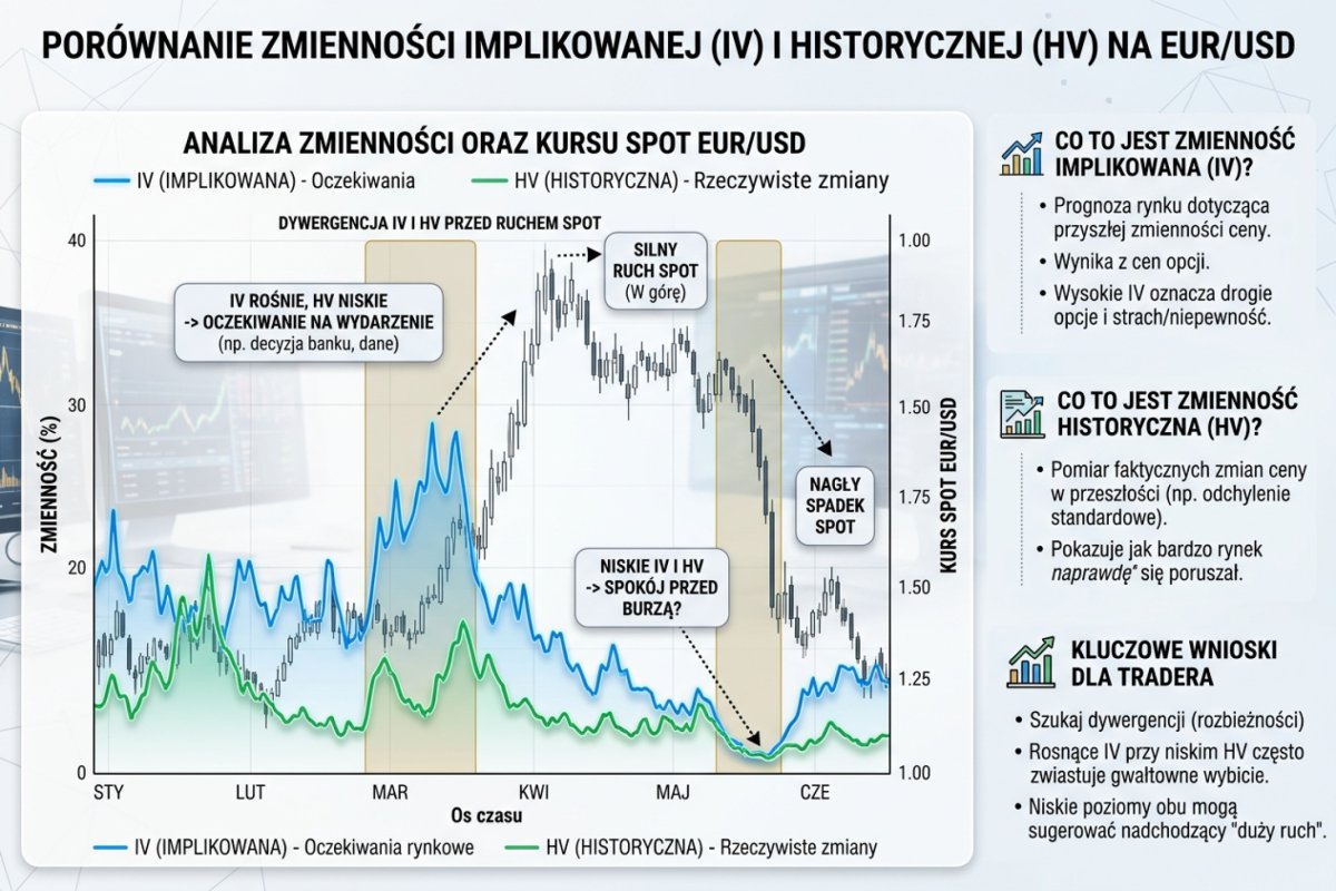 Porównanie zmienności implikowanej (IV) i historycznej (HV) na EUR/USD — momenty dywergencji przed dużymi ruchami spot
