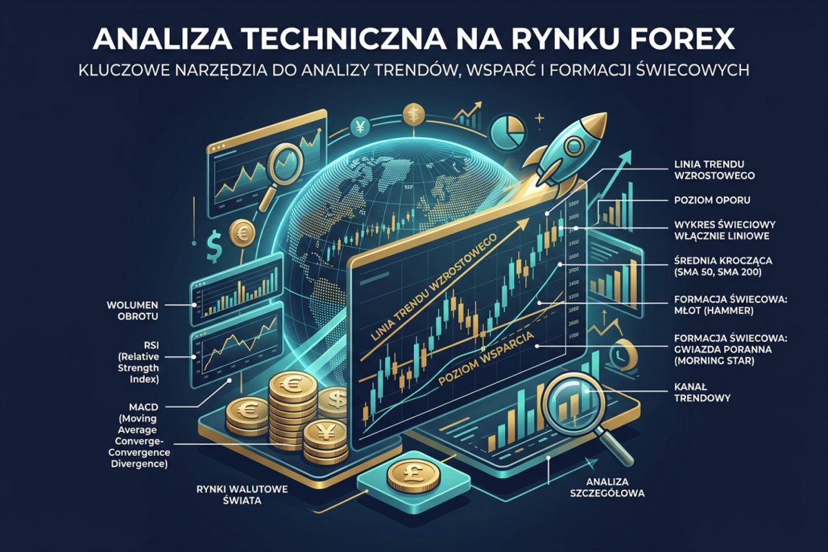 Analiza techniczna na Forex — wykres cenowy z trendem, wsparciami, wskaźnikami i formacjami świecowymi
