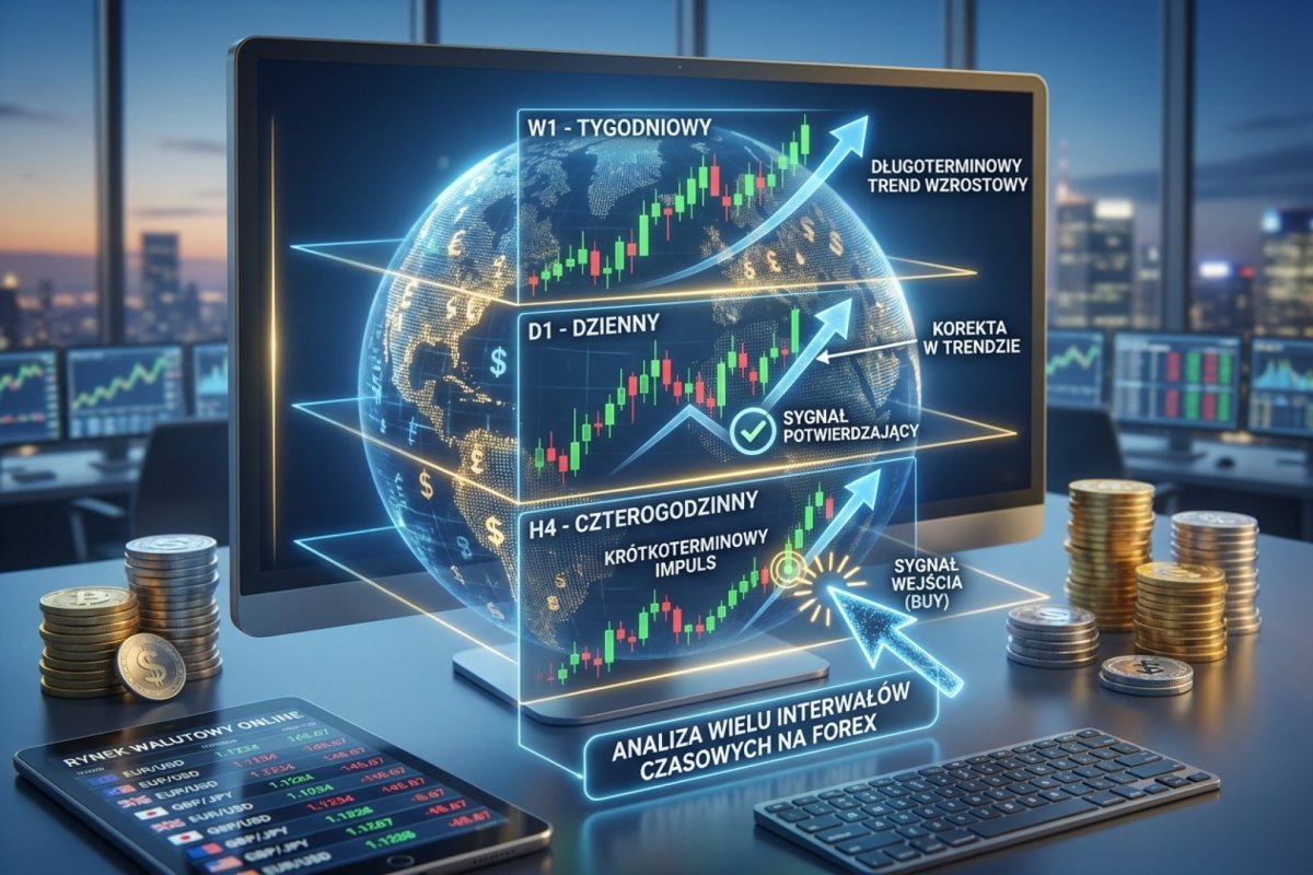 Analiza wielu interwałów czasowych na Forex — wykres W1, D1 i H4 z oznaczeniem trendu i sygnału wejścia