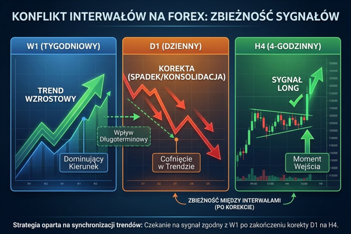 Konflikt interwałów na Forex — W1 trend wzrostowy, D1 korekta, H4 sygnał long po zbieżności między interwałami