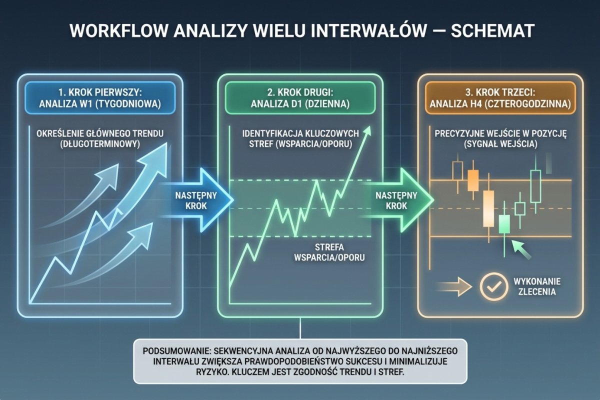 Workflow analizy wielu interwałów — schemat W1 trend, D1 strefa, H4 wejście z kolejnością kroków analizy