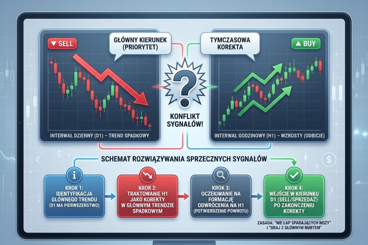 Konflikty między interwałami — D1 w trendzie spadkowym vs H1 pokazujący wzrosty, schemat rozwiązywania sprzecznych sygnałów
