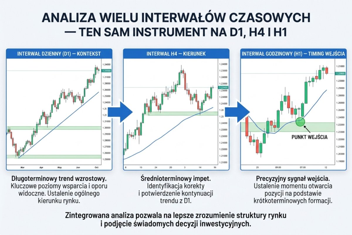 Analiza wielu interwałów czasowych — ten sam instrument na D1, H4 i H1 pokazujący kontekst, kierunek i timing wejścia