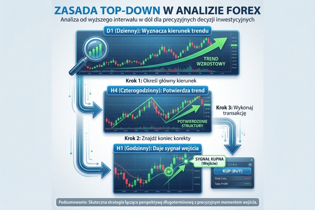 Zasada top-down — analiza od wyższego interwału w dół, D1 wyznacza kierunek trendu, H4 potwierdza, H1 daje sygnał wejścia