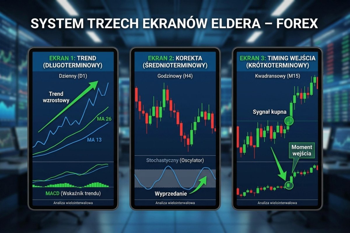 System trzech ekranów Eldera — pierwszy ekran (trend), drugi ekran (korekta), trzeci ekran (timing wejścia) z odpowiednimi wskaźnikami