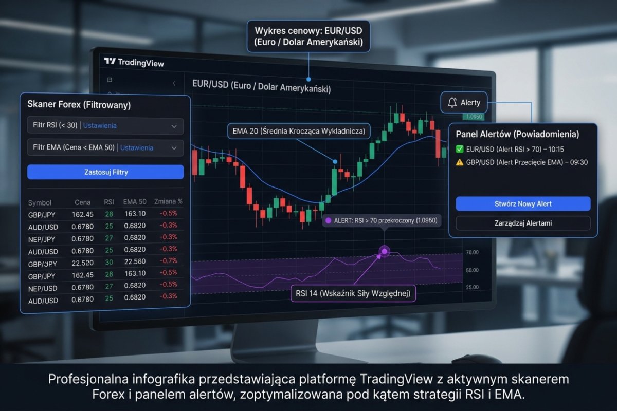 TradingView — screener Forex z filtrami RSI i EMA oraz panel alertów na wykresie cenowym