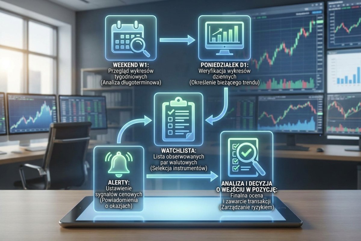 Schemat workflow screeningu: Weekend W1, Poniedziałek D1, Watchlista, Alerty, Analiza i decyzja o wejściu w pozycję