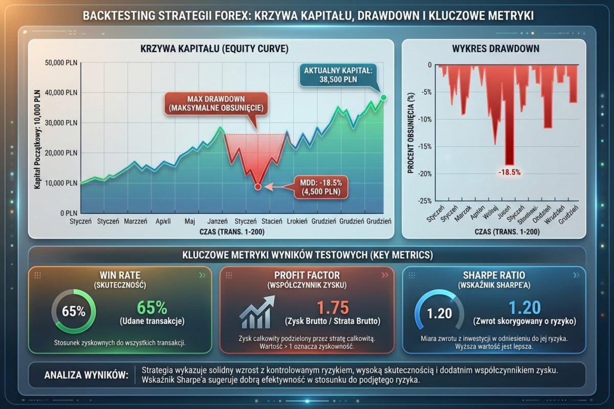 Backtesting strategii — equity curve, drawdown i kluczowe metryki (win rate, profit factor, Sharpe ratio) na wykresie wyników testowych