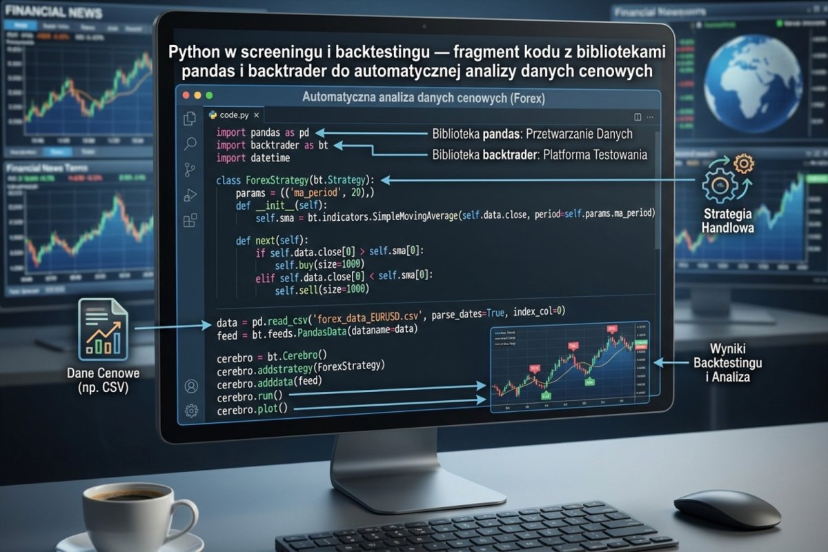 Python w screeningu i backtestingu — fragment kodu z bibliotekami pandas i backtrader do automatycznej analizy danych cenowych