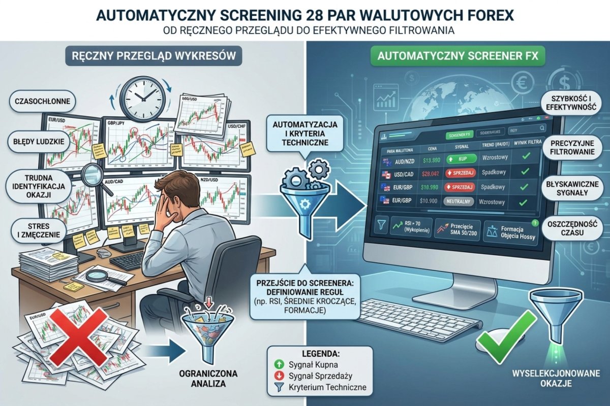 Automatyczny screening 28 par walutowych Forex — od ręcznego przeglądu wykresów do screenera filtrującego instrumenty po kryteriach technicznych