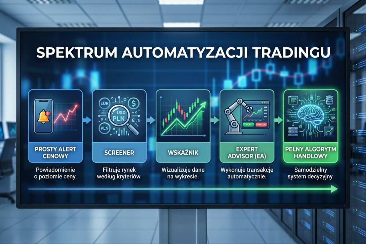 Spektrum automatyzacji tradingu — od prostego alertu cenowego przez screener i wskaźnik po Expert Advisor i pełny algorytm handlowy