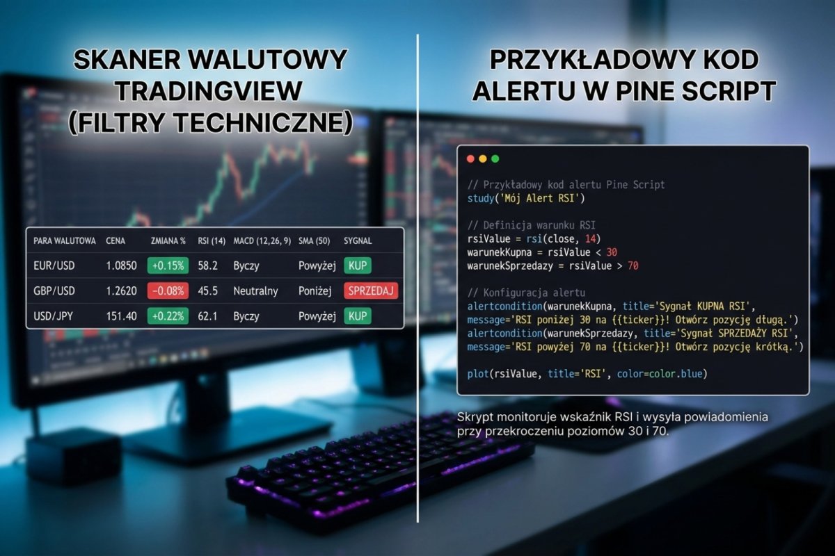 TradingView screener i Pine Script — interfejs skanera walutowego z filtrami technicznymi i przykładowy kod alertu w Pine Script