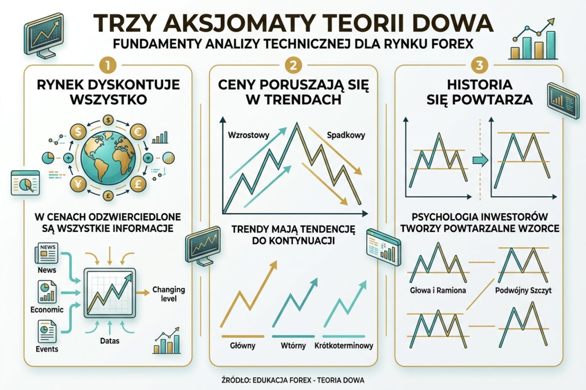 Trzy aksjomaty Dow Theory — rynek dyskontuje wszystko, ceny poruszają się w trendach, historia się powtarza — fundamenty analizy technicznej na ciemnym tle z ikonami