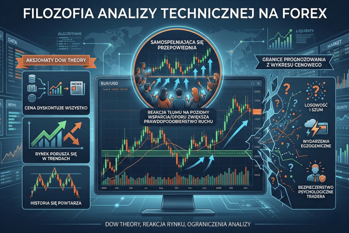 Filozofia analizy technicznej na Forex — aksjomaty Dow Theory, samospełniająca się przepowiednia i granice prognozowania z wykresu cenowego