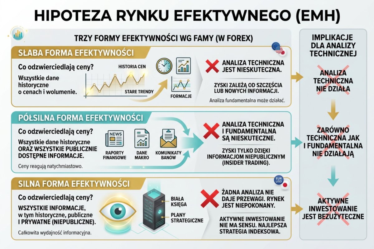 Hipoteza Rynku Efektywnego EMH — trzy formy efektywności Famy (słaba, półsilna, silna) i ich implikacje dla analizy technicznej