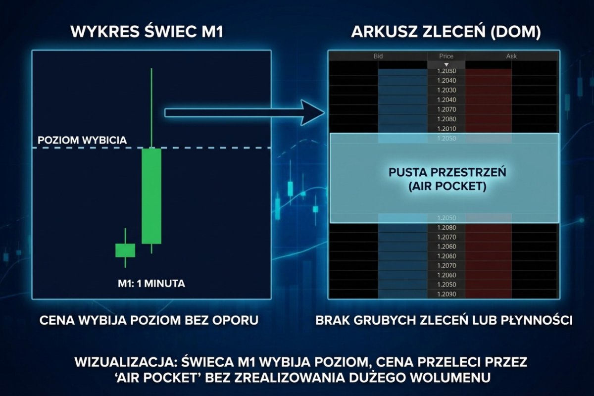 Air pocket w DOM (Depth of Market) — świeca M1 z gigantycznym knotem wybijającym poziom, zestawiona z pustym arkuszem zleceń: cena przeleciała przez szczelinę bez zrealizowania grubego wolumenu. Wizualizacja różnicy między wykresem a realnym obrotem